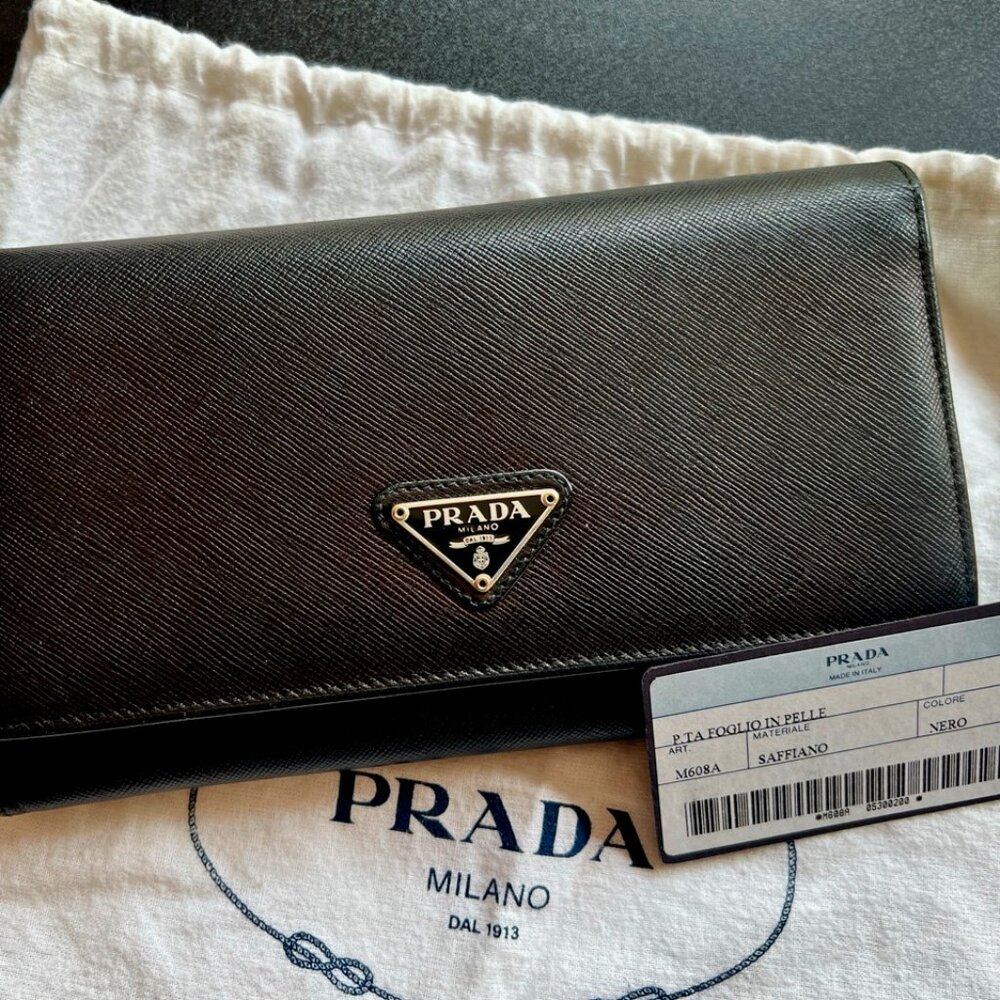 Authentic Prada Triangle Logo Long Snap Wallet in Black Saffiano Leather